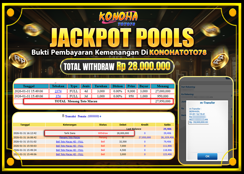KONOHATOTO78 JACKPOT TOGEL PASARAN TOTOMACAURp.28.000.000,-LUNAS
